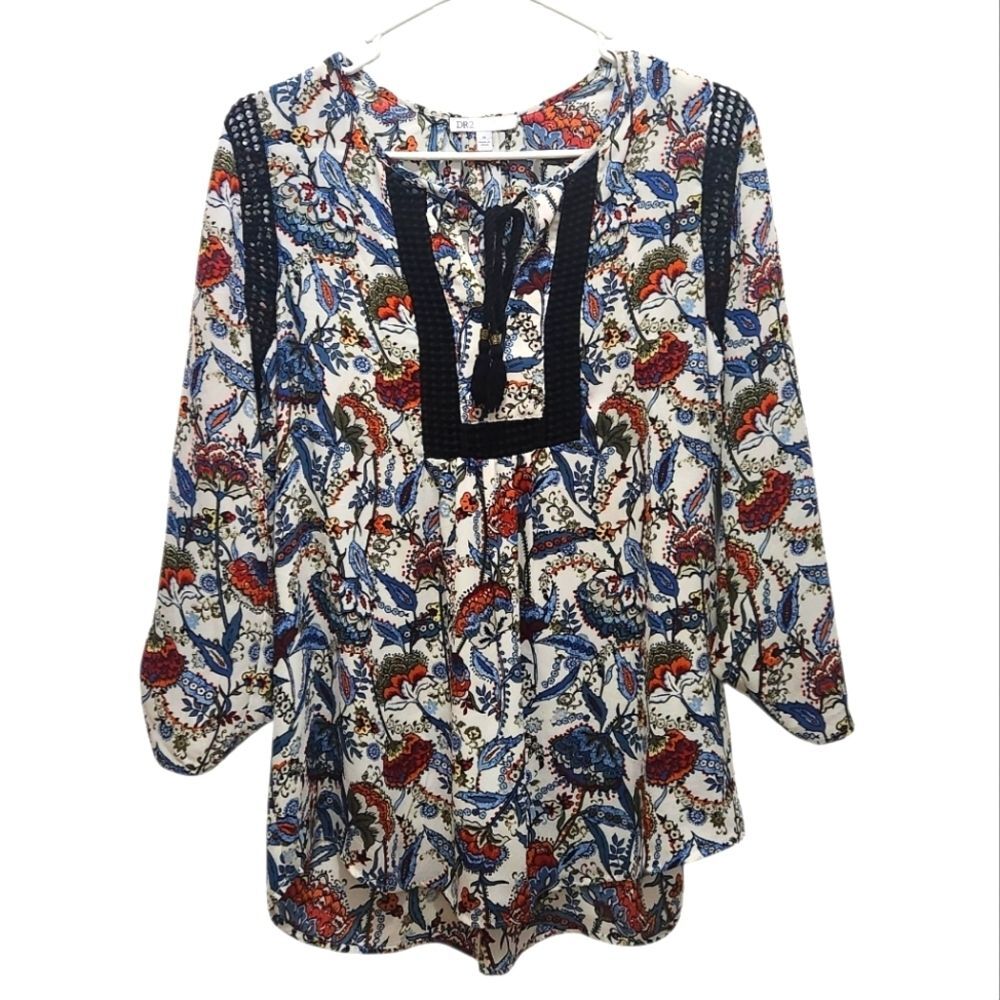 DR2 Daniel Rainn Womens M Floral Paisley Boho Peasant Blouse Tassel Tie Tunic